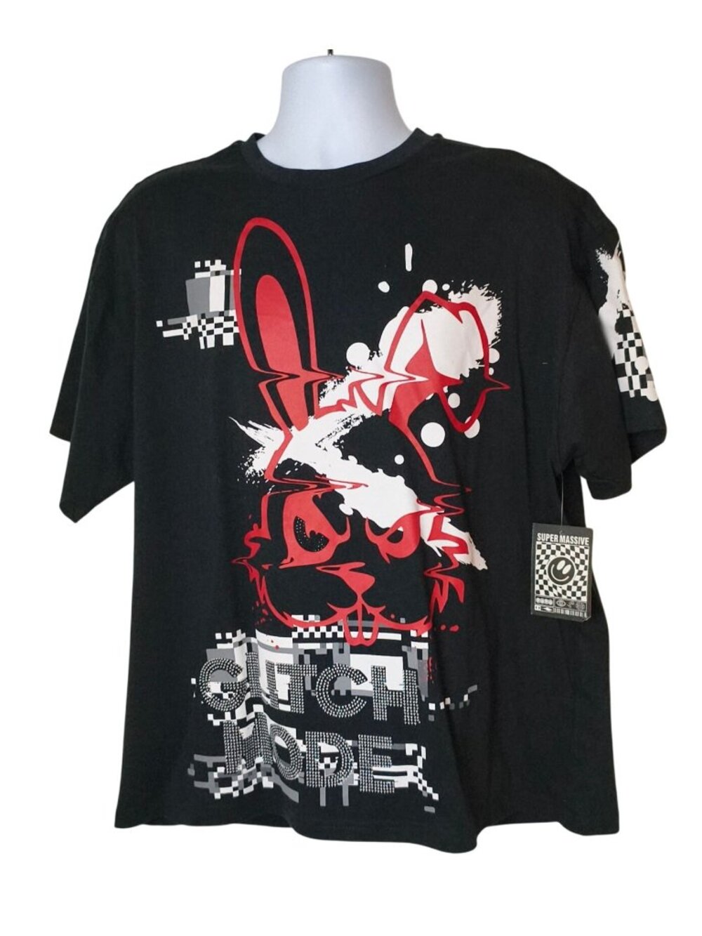 Super Massive Mens L Tee Black Bunny Glitch Mode Rhinestone Artwear Streetwear